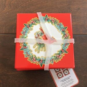 Set Of 4 Ceramic Red Cardinal Christmas Wreath Coasters Ceramic New